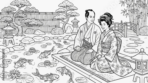 Coloring page for children - a noble Japanese couple watching koi carp in a garden pond