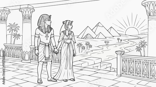 Coloring page for children - a royal couple from ancient Egypt watches the sunrise over the pyramids from the palace terrace