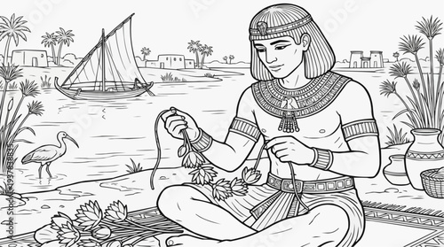 Coloring page for children - a noble Egyptian weaves a lotus garland for his beloved by the Nile River