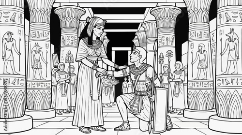 Coloring page for children - the high priestess blesses her beloved warrior before the ceremony