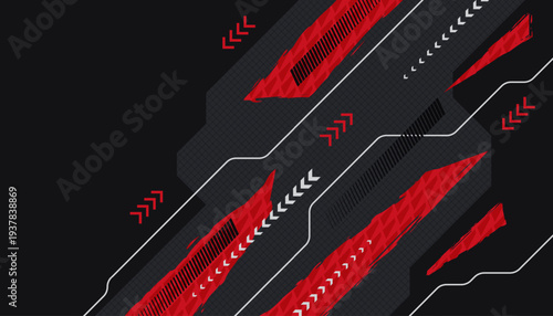 Futuristic Sport Background with Red Grunge Brush Strokes and Arrow Shapes. Dynamic Sport Poster or Banner Design