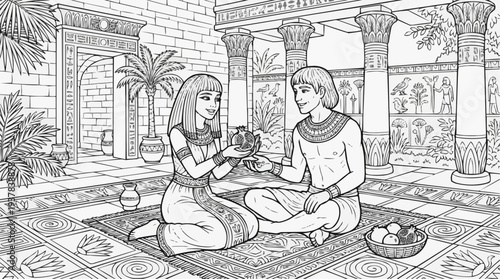 Coloring page for children - an Egyptian couple sharing a pomegranate in a shady courtyard, a symbolic romantic gesture