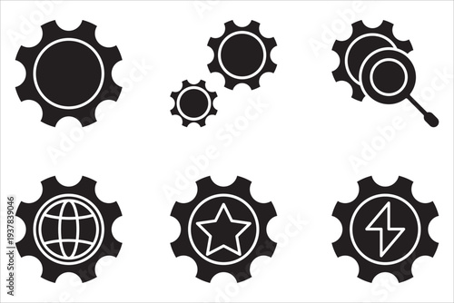 A collection of thin line icons for the gear settings control panel. Contains editable vectors of settings, configuration, search, star, and flash.