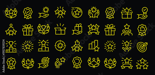 Exclusive Benefit, Special Offer, Best Award, High Rank Premium Icons Pack. Such Line Signs as Champion Cup, Stars, Medal. Vector Icons Set for Web and App in Outline Style Editable Stroke.