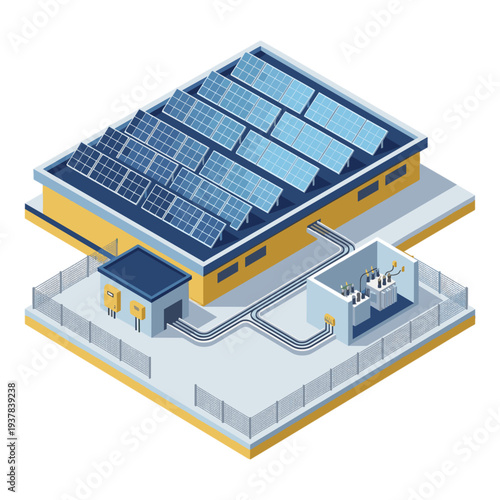 An industrial building with solar panels on its roof showcases technology and industry in a landscape with infrastructure and people nearby.