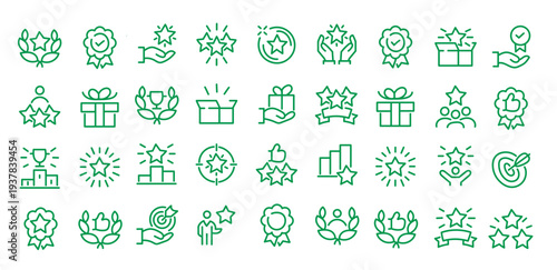 Exclusive Benefit, Special Offer, Best Award, High Rank Premium Icons Pack. Such Line Signs as Champion Cup, Stars, Medal. Vector Icons Set for Web and App in Outline Style Editable Stroke.