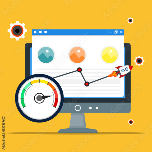 Computer monitor displaying gallery page with rising line graph, speedometer gauge, and rocket launch, symbolizing website speed optimization and performance boost.