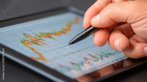 Analyzing financial trends digital workspace data visualization professional environment close-up viewpoint business insights