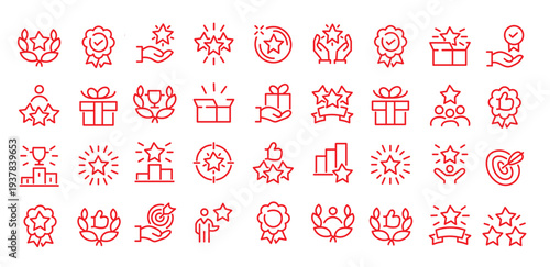 Exclusive Benefit, Special Offer, Best Award, High Rank Premium Icons Pack. Such Line Signs as Champion Cup, Stars, Medal. Vector Icons Set for Web and App in Outline Style Editable Stroke.