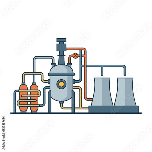 An industrial facility with machinery and cooling towers operates efficiently.