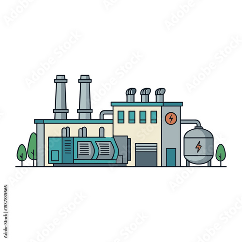 A factory with industrial buildings, smokestacks, and machinery is shown in an exterior daytime scene.