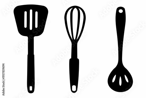Kitchen utensils and cooking tools silhouette elements set