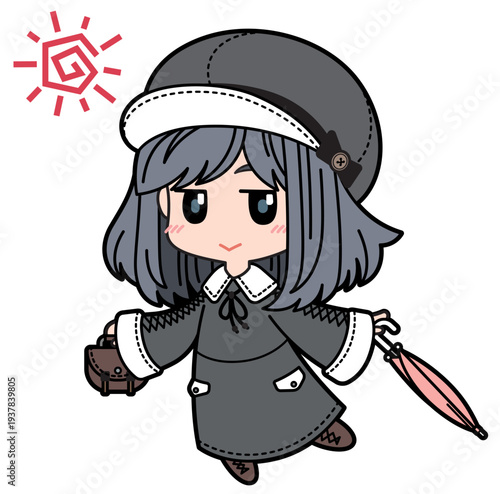 傘を持ってお出かけしてる大きな帽子の女の子のキャラクター