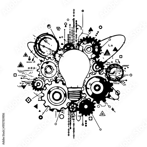 Abstract vector illustration showcasing a bright lightbulb concept surrounded by intricate mechanical gears and abstract technological elements representing innovation