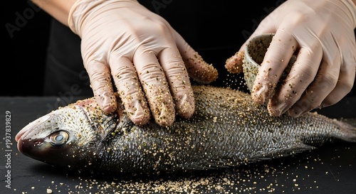 Chef seasoning a whole raw fish with herbs and spices for cooking.