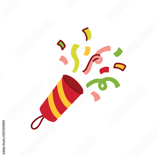 Red and yellow striped party popper exploding with colorful confetti for april fools day surprise and festive celebration announcements. Noisy party favor for holiday fun and games