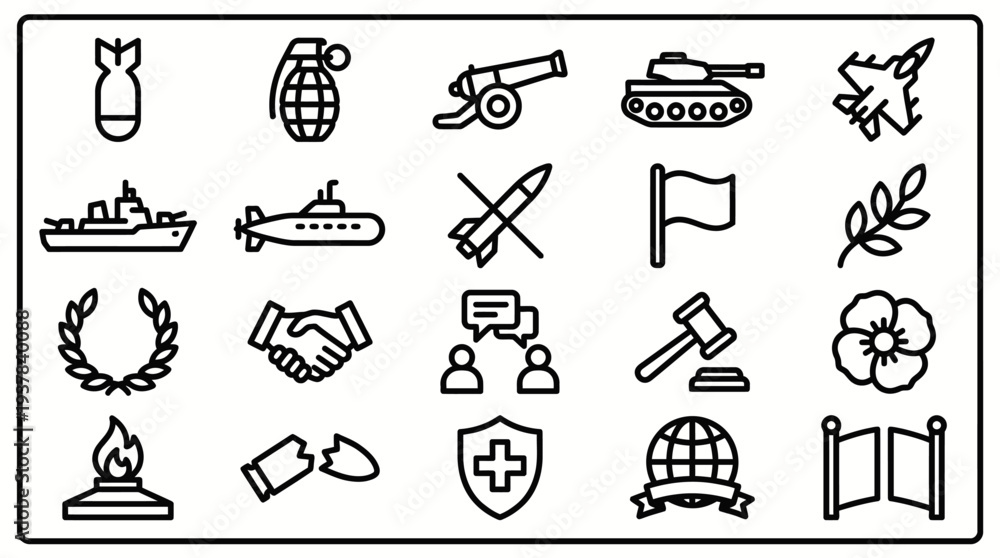 Fototapeta premium Collection of black and white icons representing various military and peace symbols on a white background viewed from directly above