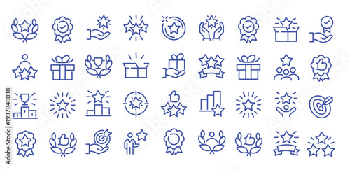 Exclusive Benefit, Special Offer, Best Award, High Rank Premium Icons Pack. Such Line Signs as Champion Cup, Stars, Medal. Vector Icons Set for Web and App in Outline Style Editable Stroke.