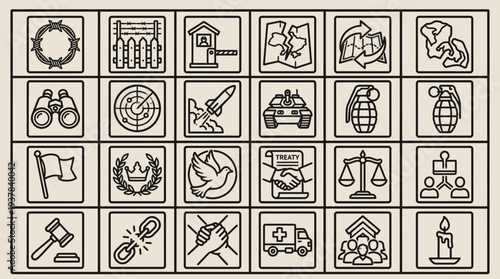 Collection of black and white icons representing law, justice, and governance symbols in a grid layout