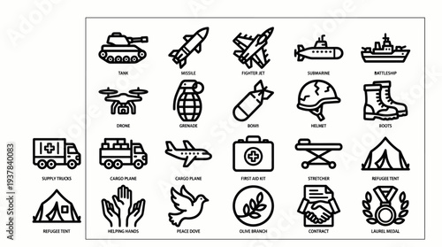 Collection of black line icons representing various travel and adventure elements on a white background viewed from a straightforward perspective