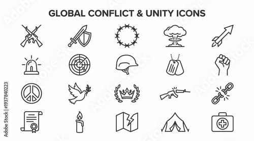A collection of icons representing global conflict and unity, featuring symbols of war and peace in a simple line art style on a clean white background from a straightforward viewpoint