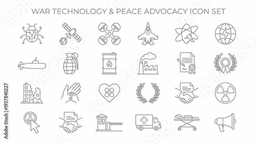 A collection of simple line icons representing war technology and peace advocacy symbols displayed on a clean white background from a straightforward viewpoint