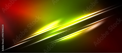 Abstract design features vibrant colors, diagonal lines, glowing effect. Dark background emphasizes bright streaks, creating dynamic visual.