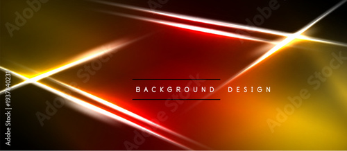 Abstract design features vibrant orange, red gradients. Bright lines intersect creating dynamic visual effect. Dark background enhances luminosity.