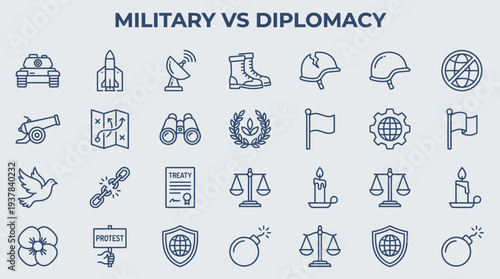Collection of military and diplomacy icons representing various elements and concepts in a simple, line-art style