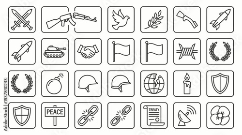 Collection of simple line icons representing various symbols and objects in a grid layout