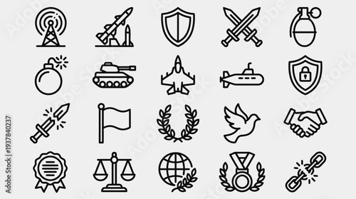 Collection of black and white icons representing various military and symbolic elements, including weapons, vehicles, and emblems, arranged in a grid on a plain white background