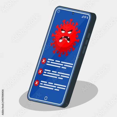 Mobile virus infecting smartphone with error notifications, representing malware attack, cybersecurity threat, and hacker attack on mobile device