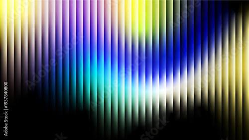 Vibrant abstract fractal glass effect background featuring a dynamic gradient of vertical stripes with ribbed pattern in cool blue, teal, and purple tones, with hints of bright green and yellow.