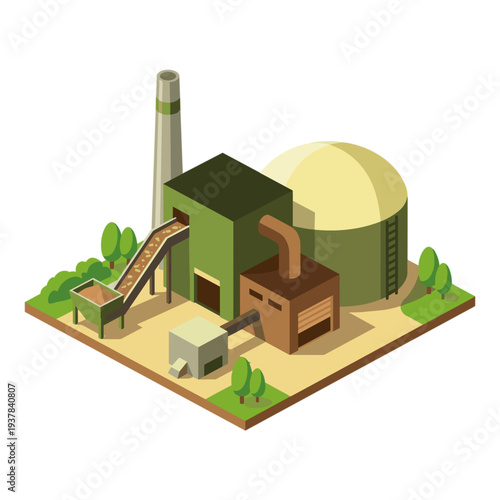 An industrial facility generates power with a large silo and smokestack nearby outdoors.