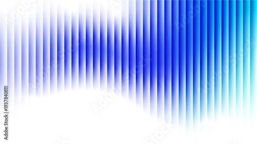 Vibrant abstract background with diagonal blue and teal color stripes with fractal glass effect creating a dynamic, flowing wave ribbed pattern on a white backdrop.