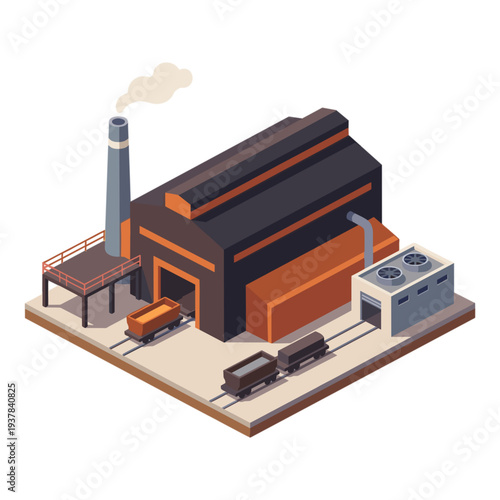 Industrial factory with smokestack emitting smoke near train tracks