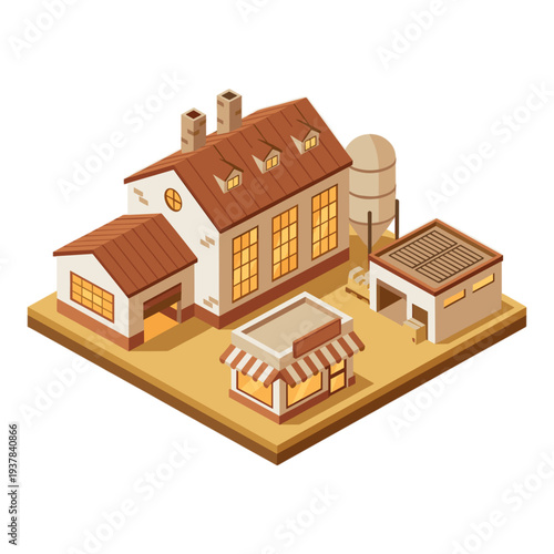 An illustration depicts a rural farm with a large house and barn.