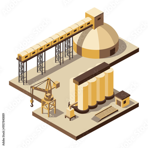 An industrial grain storage facility operates with a conveyor belt and silos on a construction site outdoors near a rural landscape.