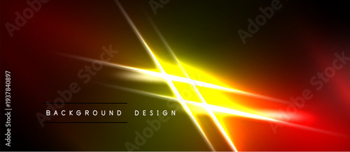 Abstract vibrant design features glowing lines, gradients. Yellow center radiates outward with red, orange hues. Dark background enhances luminosity.