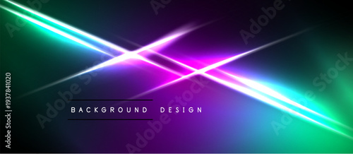 Abstract neon lines intersect dark background. Vibrant turquoise, purple hues create dynamic visual effect. Modern design element.