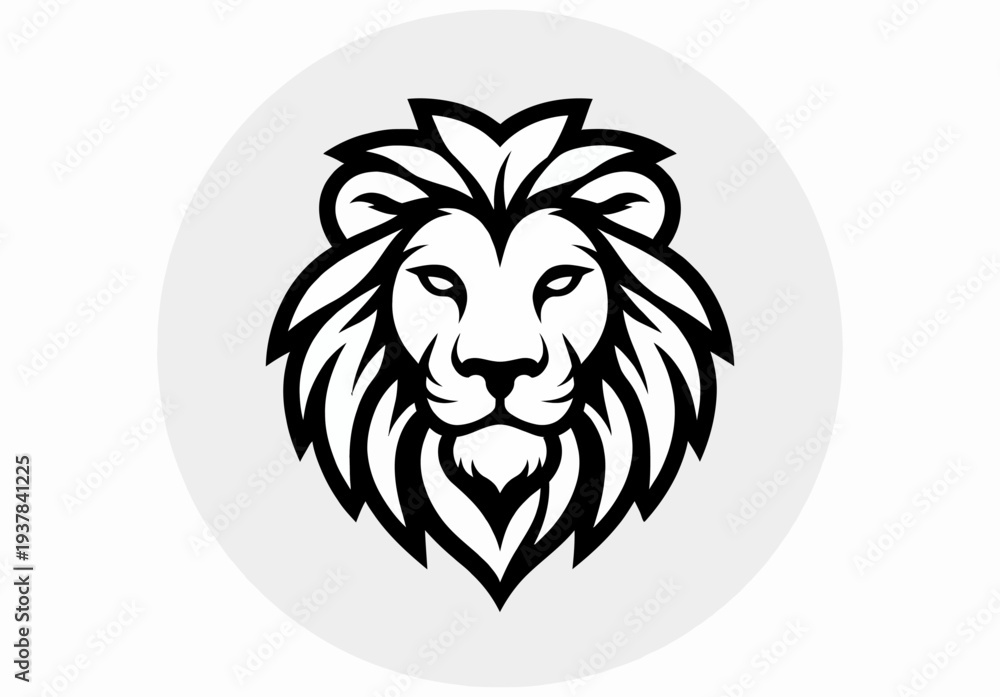 Obraz premium Majestic Lion Head Illustration in Modern Art Style, Front View on Circular Background