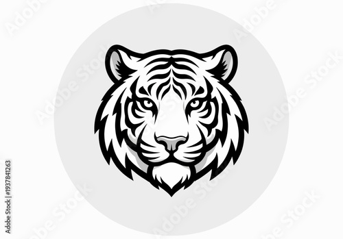 Detailed black and white illustration of a tiger's face in a circular frame viewed from the front