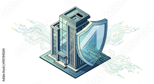 Isometric illustration of a shield protecting a server tower with circuit lines in the background, conveying a cyber security concept with a futuristic and technological mood.