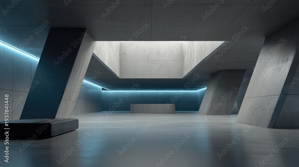 Obraz premium Dark futuristic architectural room with concrete walls, blue neon lighting, geometric columns, minimalistic design, modern interior, spacious area