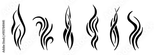 Doodle steam and smoke icon set with aroma waves vector illustration set. Hot coffee, cooking aroma, and fragrance effects are represented by linear symbols in a hand-drawn outline graphic style.