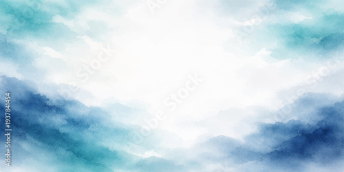 Abstract airy embrace: Clouds of blue and teal dance gracefully against a sunlit expanse, offering a canvas of tranquility and ethereal beauty.