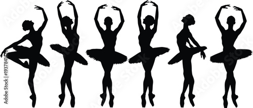 Set of ballet dancer silhouettes in elegant poses isolated on white background, graceful ballerina collection representing classical dance, performance art, movement and elegance