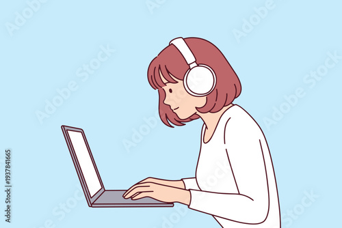 Professional woman with adhd wearing noise canceling headphones to improve productivity and avoid distractions while working at her laptop in a busy office