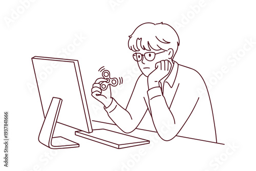 Coloring page illustration of young boy with autism using a fidget spinner to find calm and focus while sitting at his desk for sensory regulation and mindfulness