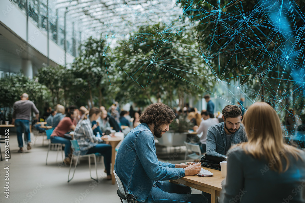 Obraz premium Diverse group engages in lively discussion beneath a futuristic blue digital network inside a glass-roofed atrium.